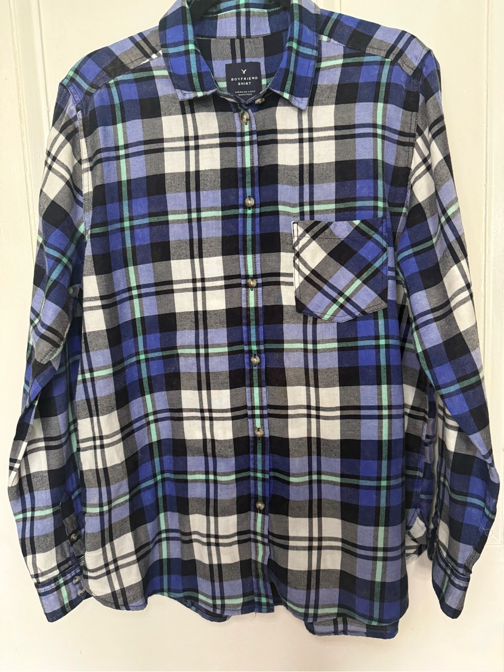 American Eagle Boyfriend Blue & White Plaid Flannel Button Down Shirt - XL